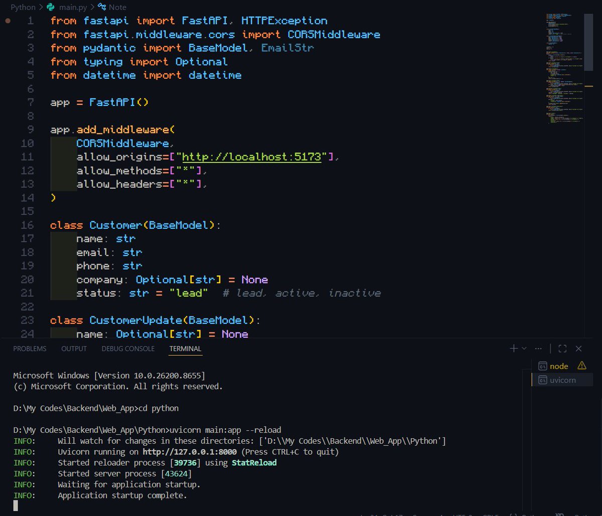 femrox9's tweet photo. #LSPPDay45 Today, I built a basic CRM API with FastAPI covering full CRUD, nested routes for customer notes, query parameter filtering, proper error handling with HTTPException and a stats aggregation endpoint. #LearningWithLeapfrog #60DaysOfLearning2026
 @lftechnology https://t.co/z7SANWSxxW