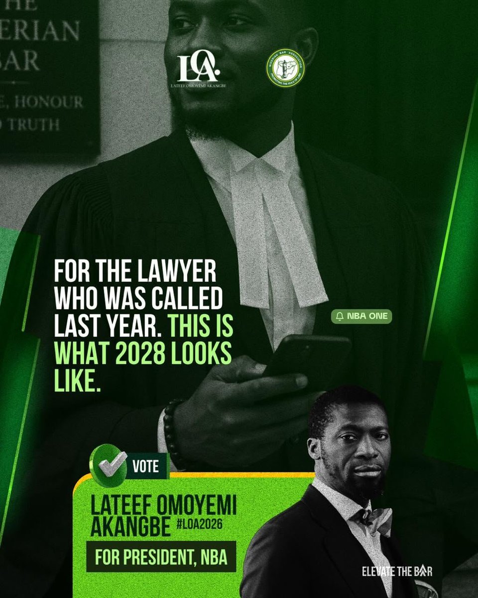 OmoyemiAkangbe's tweet photo. You were called to the Nigerian Bar in the last few years.

You walked out of the Law School with a wig, a gown, and a conviction that this profession was worth it.

Here is what 2028 looks like if I am elected on Saturday 18 July:

Your first year at a firm comes with a written contract of employment. Not because your principal feels generous. Because it is now professional misconduct not to provide one.

The Remuneration Order is not a document you have heard about. It is the starting point of every client engagement. Your fees have a floor. That floor is enforced.

Your CPD is tracked automatically in one app. Seven free hours every month through the ICLE. You do not have to choose between professional development and your rent.

You have access to a national mentorship scheme with a senior practitioner matched to your practice area and your ambitions. Not a networking event. A structured, ongoing relationship.

This is not a vision board. It is a published, funded, time-bound manifesto commitment.

The lawyer you will be in 2028 is shaped by the vote that happens in 2026.

Saturday 18 July 2026. Vote LOA.

#ElevateTheBar #VoteLOA #LOA2026 #YoungLawyers #NBAElection2026