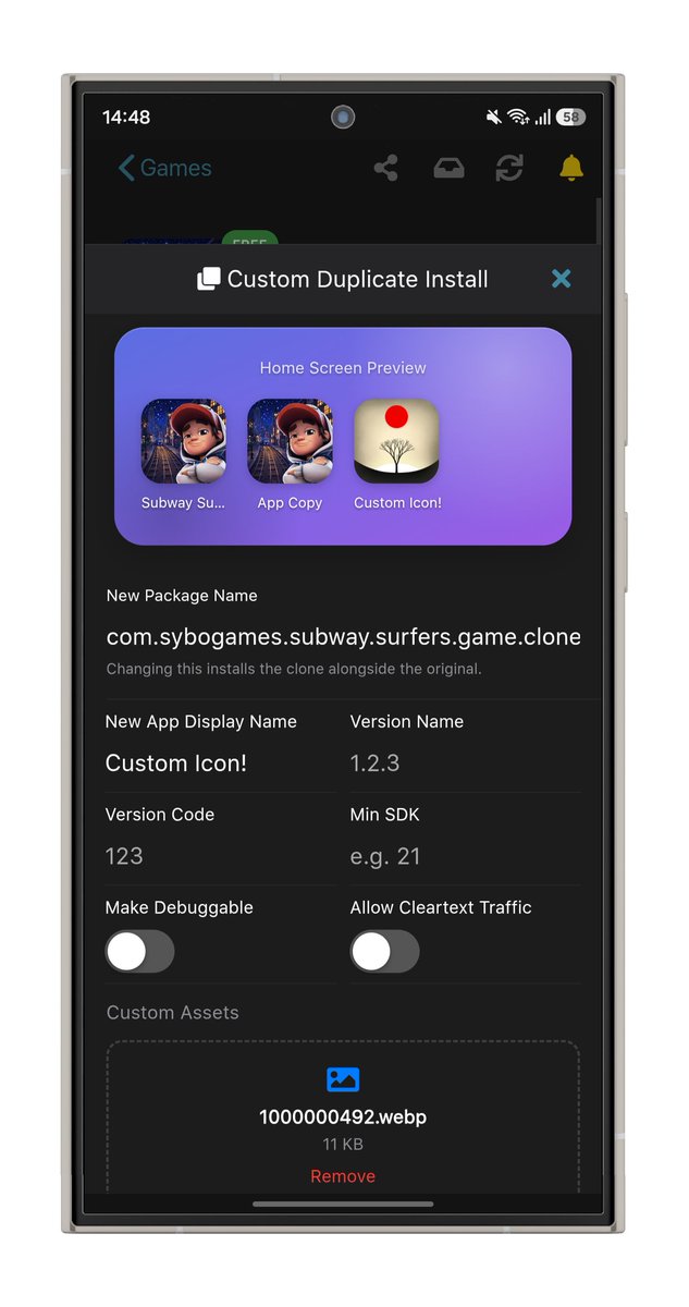 iOSGodsCom's tweet photo. 🤖 Custom Install is now on Android! Clone any app to run two accounts side by side, rename it, swap the icon, tweak the version, and more. A community favorite from iOS, now available for APKs.

More information 👇
https://t.co/GNuesrEVvU https://t.co/vZloS3aIDv