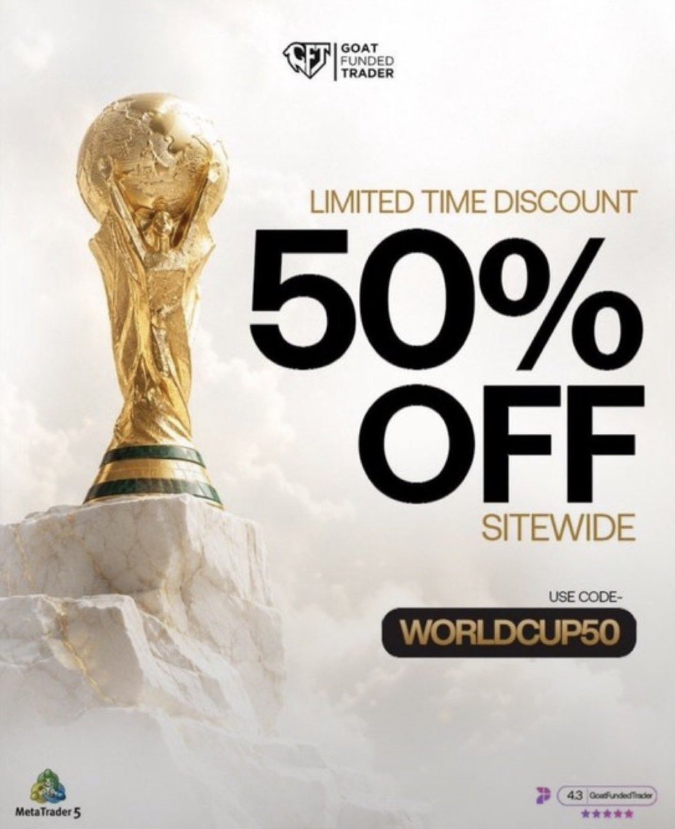 RondoFx's tweet photo. 🏆 The biggest discounts don’t come often… this is one of them.

Get 50% OFF sitewide at Goat Funded Trader using code:

🎟 WORLDCUP50

Whether you’re starting your funded journey or scaling to a bigger account, now is the perfect time to secure your next challenge at half the price.

🔥 Don’t wait until the offer is gone.
