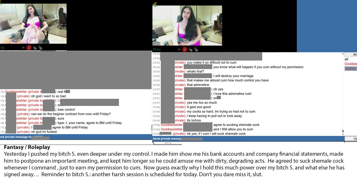 GoddessIshtarX's tweet photo. Roleplay/Fantasy

Yesterday I pushed my bitch S. even deeper under my control. I made him show me his bank accounts and company financial statements, made him to postpone an important meeting, and kept him longer so he could amuse me with dirty, degrading acts.  He agreed to suck shemale cock whenever I command , just to earn my permission to cum.  
Now guess exactly why I hold this much power over my bitch S. and what else he has signed away…  
Reminder to bitch S.: another harsh session is scheduled for today. Don’t you dare miss it, sl*t.