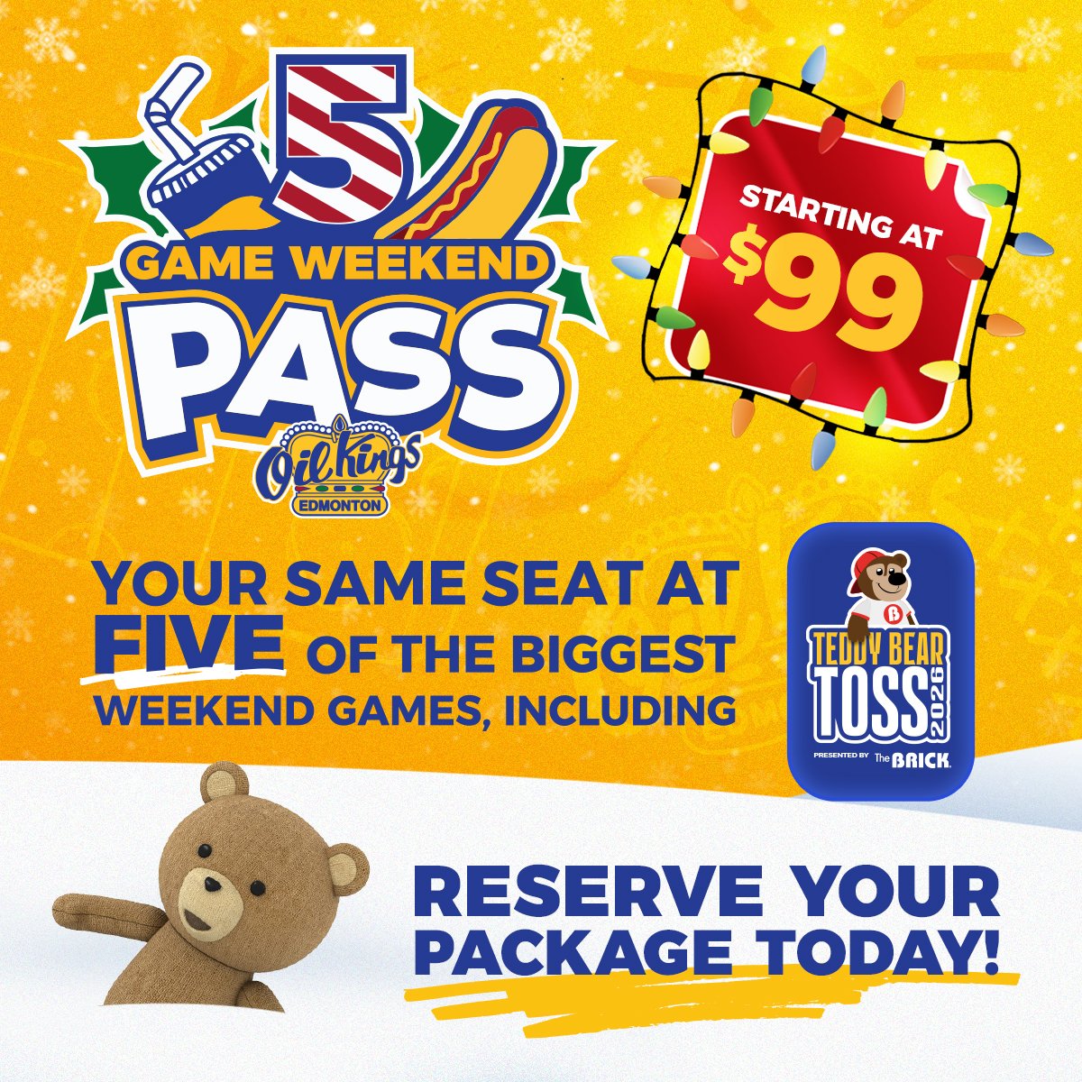 EdmOilKings's tweet photo. Did someone say National Hot Dog Day?! 🌭

Feels like a great day to remind you that you can secure your seats for the 5 BIGGEST games of the year including the Oil Kings iconic Teddy Bear Toss PLUS a hot dog and a pop for each game with our 5 Game Weekend Pass! 🧸🎟️

🤩Even better? Passes start at ONLY $99! LEARN MORE: https://t.co/im6QUihASM