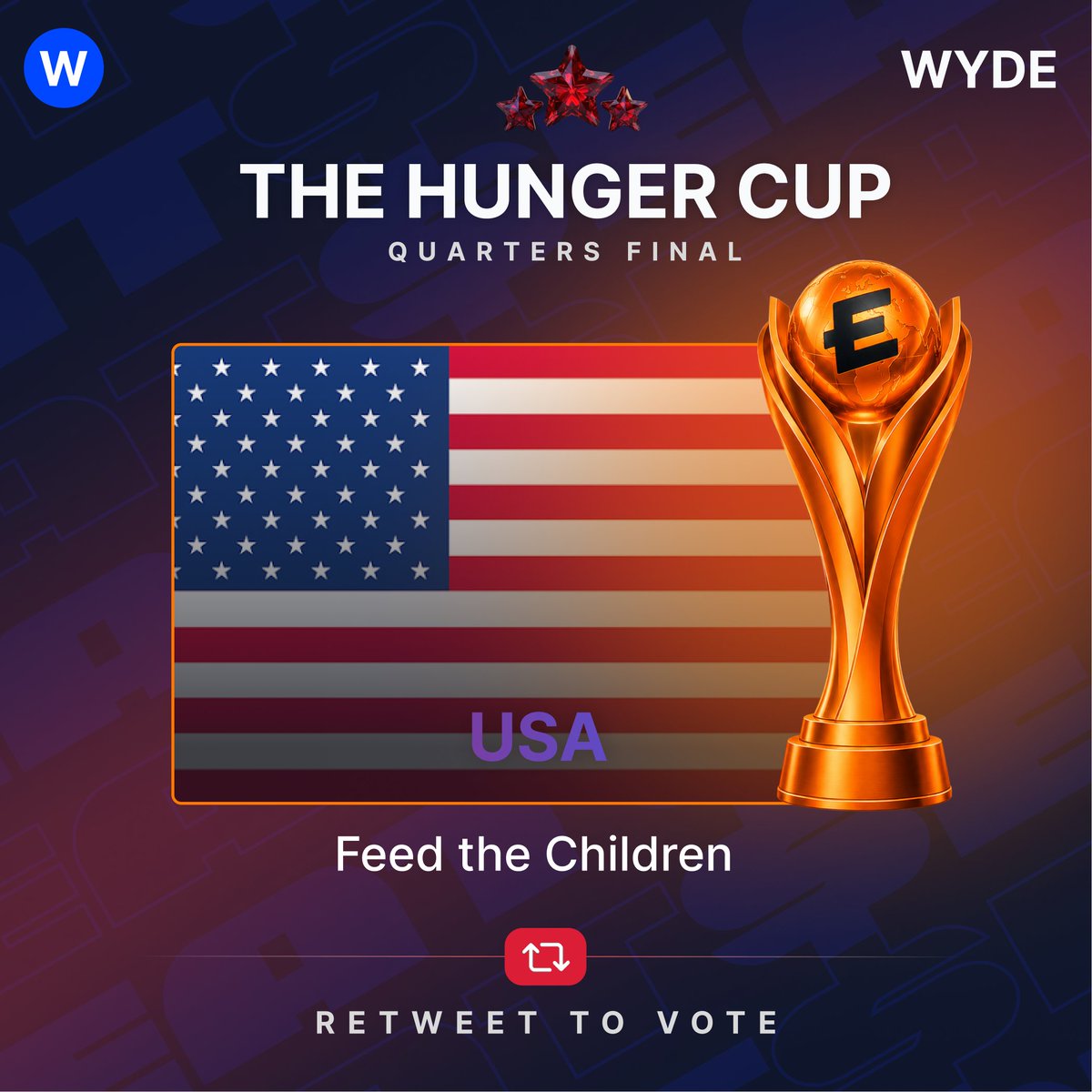 wydeorg's tweet photo. The USA is hosting the World Cup this summer.

This week, they have a match of their own in the Hunger Cup quarterfinals.

@feedthechildren represents Team USA. Since 1979, they have been working to end childhood hunger, delivering food and essentials to families in nearly every US state and 8 countries around the world.

Last fiscal year alone, that meant 75 million pounds of food and essentials reaching 14.9 million people.

RT the tweet below to back Feed the Children and help Team USA reach the semifinals.