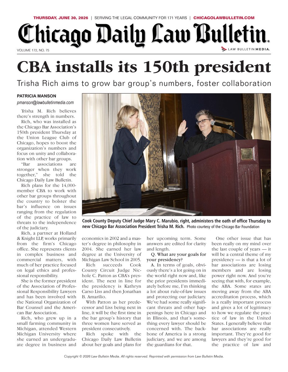 ChicagoBarAssoc's tweet photo. Check out this recent Chicago Daily Law Bulletin story featuring the CBA's 150th President, Trisha Rich.   https://t.co/n44qydcL1X https://t.co/LjODEszWqx