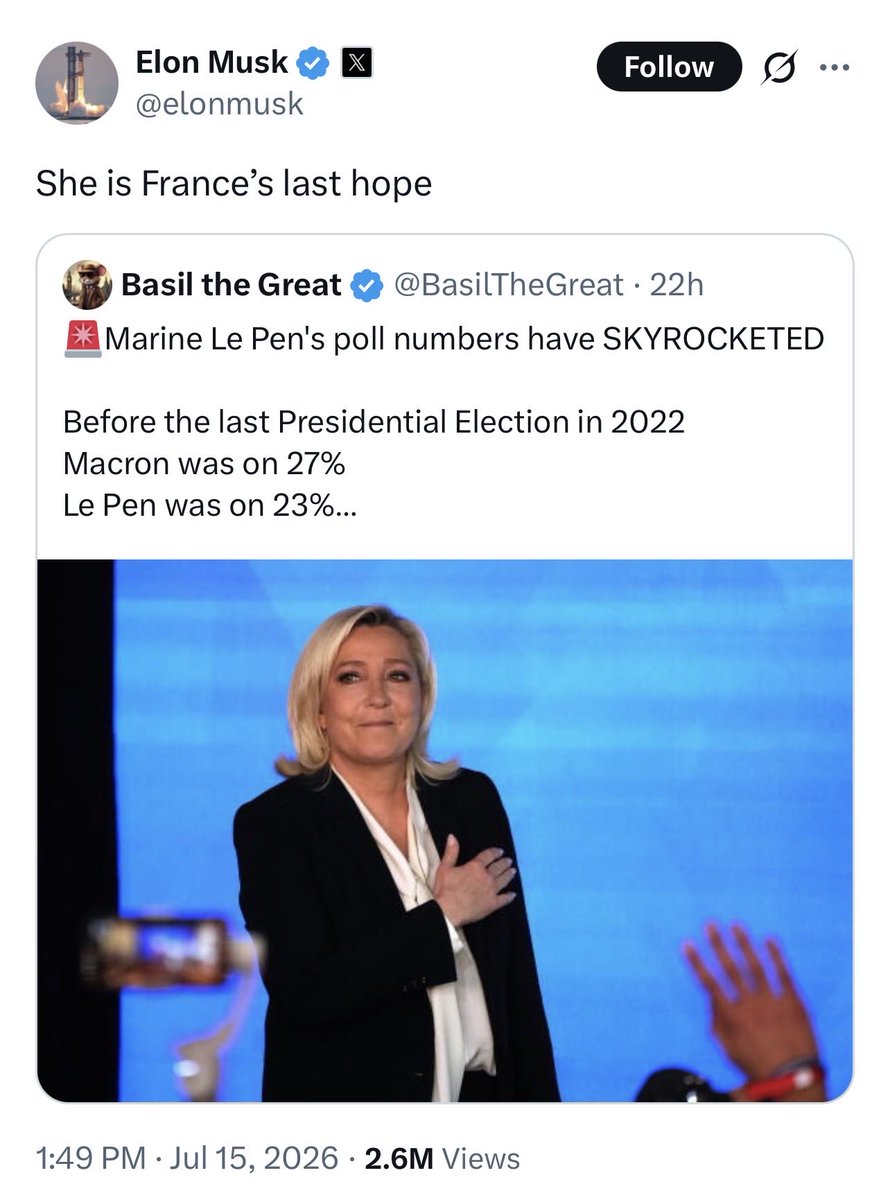 ThierryBreton's tweet photo. Season of political interference begins.

So @elonmusk is backing Marine Le Pen.
That’s his right.

It’s now up to the authorities to ensure X’s algorithm in Europe doesn’t favor any candidate.

The rule of law applies to everyone. No exceptions. https://t.co/aKeCl7c5FE