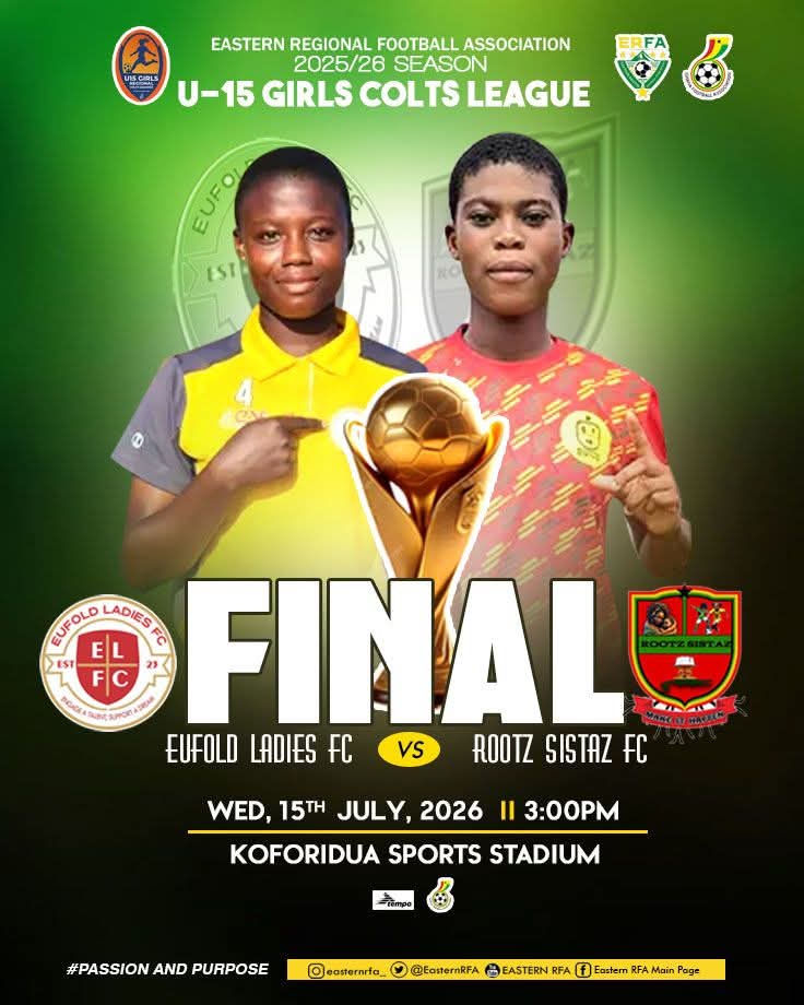 tabim988's tweet photo. Today Grand Finale, Eastern Regional U-15 Girls Colts League.

Eufold Ladies vs Rootz Sistaz 
Time: 3:00 Pm 
Venue: Koforidua Sports Stadium 

Come let's watch good football from both sides https://t.co/vKFLexgKWD