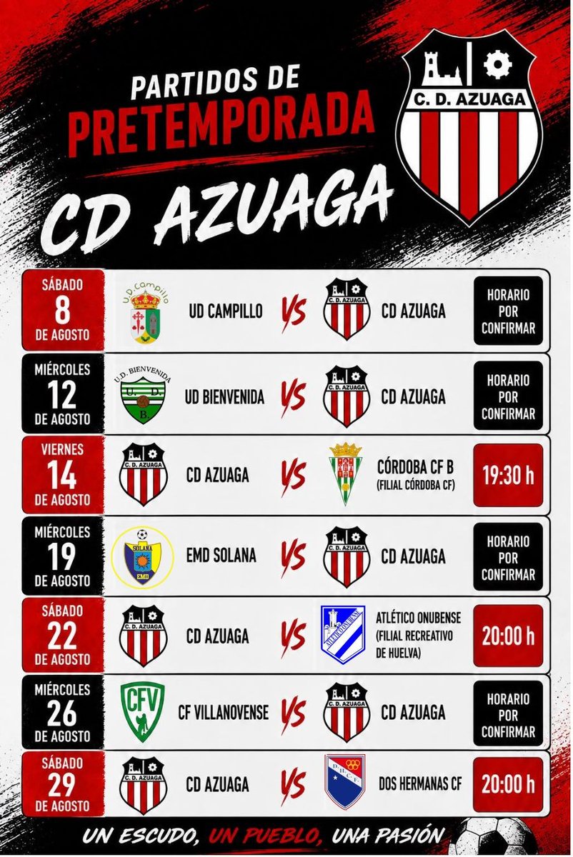 cdazuaga's tweet photo. PRETEMPORADA 26-27 | TERCERA RFEF

Calendario de pretemporada con siete partidos amistosos,tres de ellos en el Estadio Municipal de Azuaga.
Pretemporada muy completa e ilusionante que arrancará el Miércoles 29 de Julio.

#UNPUEBLOUNESCUDOUNAPASIÓN https://t.co/lhukykmQXQ
