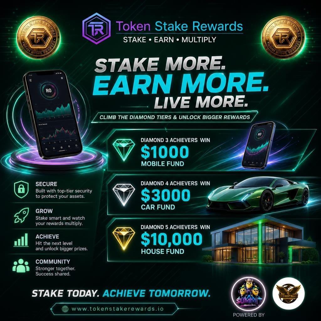 TSRewards's tweet photo. 🚀 Unlock daily earnings with Token Stake Rewards! Stake more, earn more, live more.  
Climb the diamond tiers & unlock bigger rewards:  
💎 Diamond 3 Achievers WIN $1000 Mobile Fund  
💎 Diamond 4 Achievers WIN $3000 Car Fund  
💎 Diamond 5 Achievers WIN $10,000 House Fund  

Secure, grow, achieve & build a stronger community!  

Stake today, achieve tomorrow!  
Visit: https://t.co/8VSDuG0wdu  

#Crypto #OnChainRewards #StakeAndEarn #CryptoGrowth #Blockchain #RewardJourney #tsr #summit #bgvt