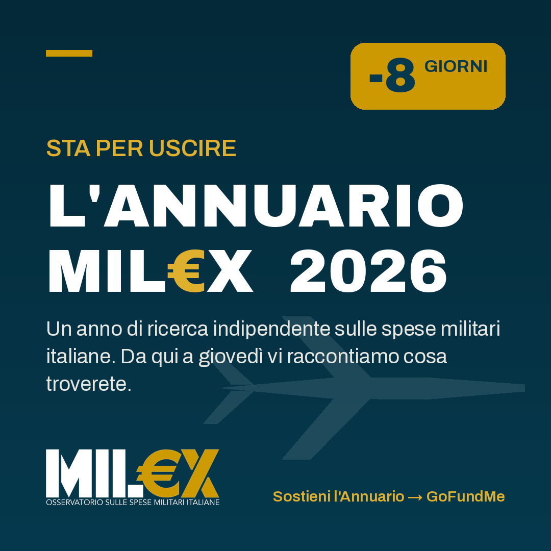 OssMilex's tweet photo. ⏳ -8 giorni!

Giovedì 23 luglio a @Montecitorio presentiamo l’Annuario MIL€X 2026 sulle #SpeseMilitari italiane

Un anno di ricerca indipendente per rispondere a una domanda semplice ma scomoda: quanto spende davvero l’Italia per le armi?

Sostienici 👉 https://t.co/THQsf7s4Ku https://t.co/anCu2uD7BN