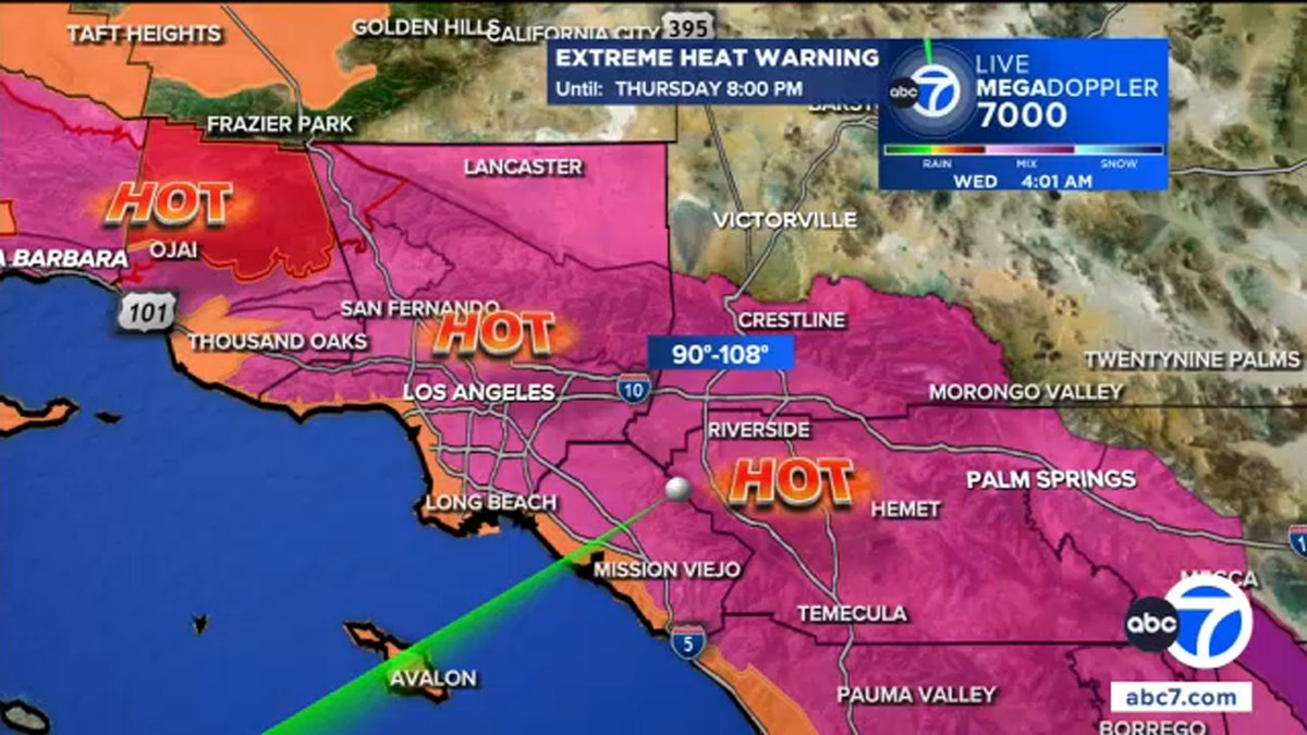 ABC7's tweet photo. Hottest day of the week: Our extreme heat peaks today with triple-digit temps in more spots. The SoCal cities hitting dangerous highs - now on ABC7 https://t.co/l9TXGPdQAE https://t.co/y4B5IHxq58