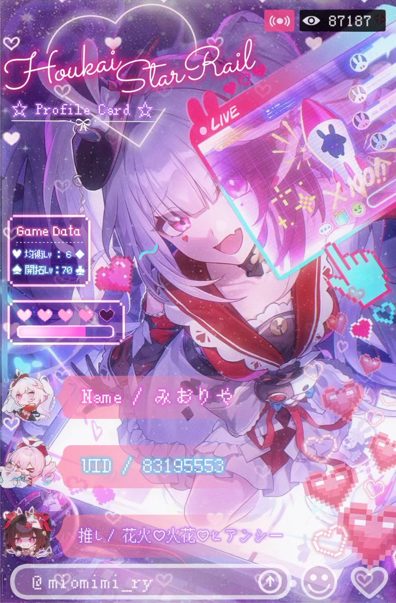 miomimi_ry's tweet photo. 🏷️𝕥𝕒𝕘 火花ちゃん両完凸記念に𓂃 𓈒𓏸◌

♡ or ↻で気になった方お迎えしますෆ˚*
仲良くして頂けたら嬉しいです𓂃 𓈒𓏸♡

ﾘﾄﾘﾝ➳https://t.co/aVtDqSBHnB

┈୨୧  20⇡ ￤ ♀ ￤  推し活 ୨୧┈

#崩壊スターレイル自己紹介カード
#崩スタ好きさんと繋がりたい
#スタレ好きさんと繋がりたい https://t.co/CYiv5wK1nV