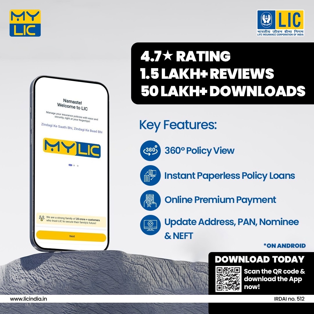 LICIndiaForever's tweet photo. Simplify every step of your policy journey with instant access to key LIC services. Download the My LIC App today.
#LIC #MyLICApp #HarPalAapkeSaath https://t.co/j8Gt5REtk9