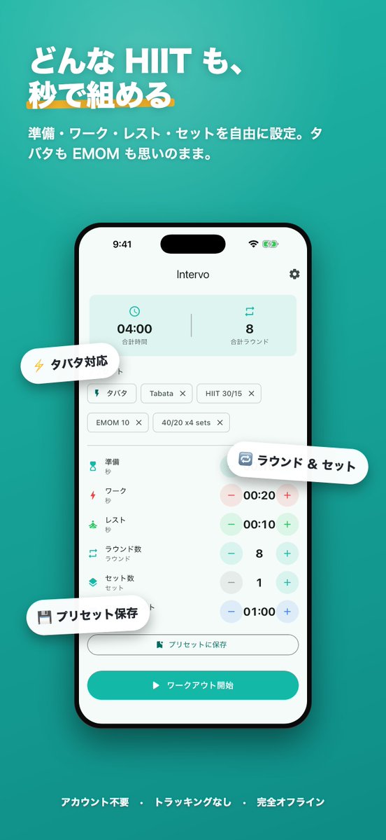 YukiTech777's tweet photo. Intervoをアップデートしました！

ストア掲載画像の見直しと細かいバグもいくつか直しています。

もしよければ使ってみた感想、レビューで教えてもらえると嬉しいです🙏

#個人開発 #スマホアプリ #iOS #駆け出しエンジニアと繋がりたい #AI駆動開発 #タバタ #HIITトレーニング #宅トレ https://t.co/SUGm6LsUzB