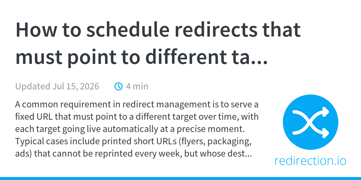 redirectionio's tweet photo. Learn how to schedule redirect rules with the "DATETIME" trigger and avoid downtime! 📅

Our latest blog post covers how to safely transition URLs using rule priorities 👉 https://t.co/Qha3B25SQP https://t.co/BvQTqqghkY