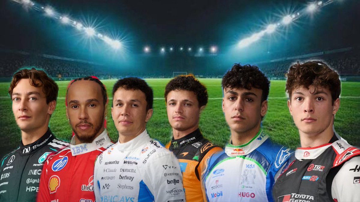 norspresso's tweet photo. George Russell, Lewis Hamilton, Alex Albon, Lando Norris, Arvid Lindblad, and Ollie Bearman have all been called up to play in Englands semi final game against Argentina https://t.co/t1TLLCO2dU