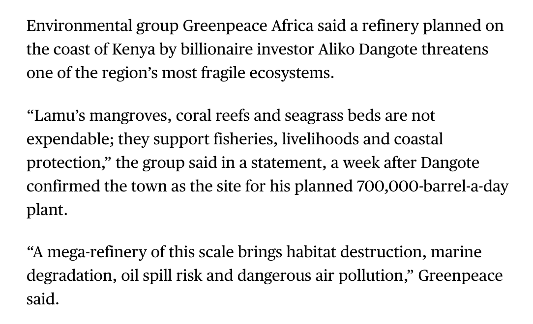 MwangoCapital's tweet photo. Environmental group Greenpeace Africa has called for the suspension of approvals for Dangote’s planned $17B, 700,000-barrel-a-day refinery in Lamu pending an independent environmental assessment and public participation.

The group cited risks to mangroves, coral reefs, fisheries and coastal livelihoods.

https://t.co/v6yVQwPQXi