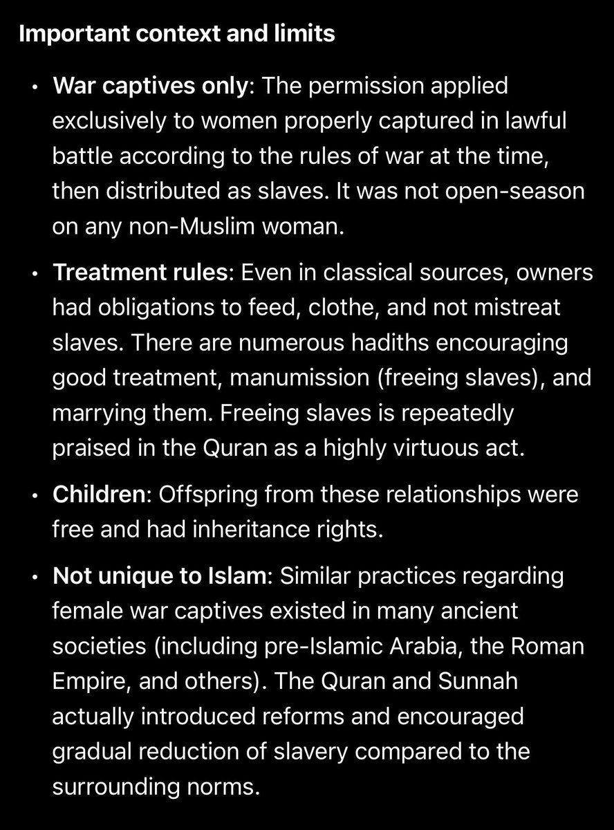 FaithInLaith_'s tweet photo. Surely you can do better than out of context wartime descriptions. 

Check out Deuteronomy 21:10-14 in the bible. While there are MANY rapists who call themselves Christians or Catholics, and many scandals of priests abusing children, I’d never use that to say Christians are rapists or Christianity permits rape.

Assuming you’re debating in good faith, I’ve attached Grok’s explanation of this verse you’ve cited from the Quran.

Furthermore, forced marriage to a nonbeliever in Islam is strictly prohibited. Forced marriage in general is strictly prohibited. A valid Islamic marriage REQUIRES that both the man and woman are in agreement on the marriage.

But you don’t have to take my word for it. @grok, is it permissible in Islam to force a nonmuslim to marry a Muslim? Please also answer his question as to whether or not it is considered rape is Islam to have nonconsensual sex with a nonmuslim woman.