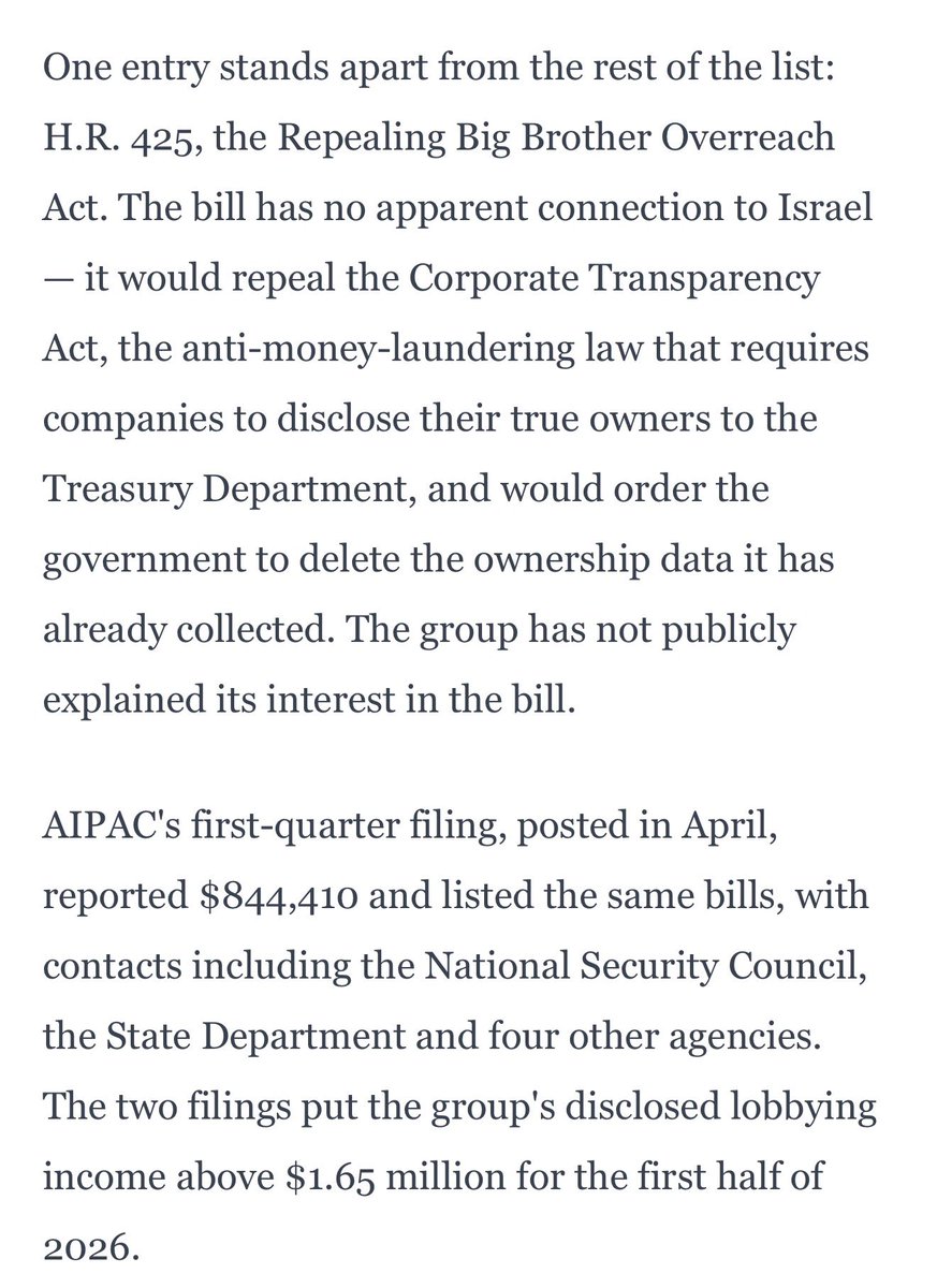 Villgecrazylady's tweet photo. Fantastic, easy to understand, reporting from @wallyrashid here on the $1.6 million lobbying efforts underway by AIPAC. 

Look at all the bills this one tiny foreign country is trying to push for. I didn’t even know about this “Repealing Big Brother Overreach Act.”

Like… how are these people for real? OFC the Treasury Department should know who the *real* owners of companies are! 

In fact, I think the entire American public has the right to know who really owns the businesses operating in our country. 

Especially considering those companies are “people” according to SCOTUS and therefore guaranteed the right to participate in our election process via unlimited spending on electioneering communications.