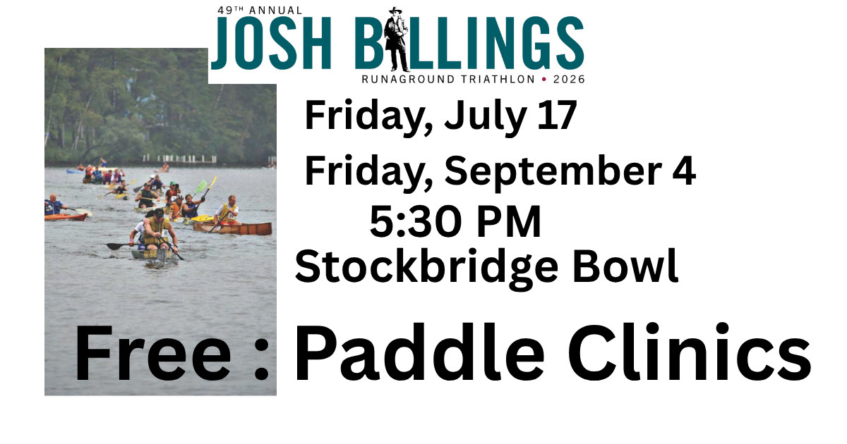 JoshBillingsTri's tweet photo. Tomorrow evening at Stockbridge Bowl.  Come fine tune your paddling skills with Kurt Kuehnel as he  leads our FREE Josh Billings paddle clinic.  Starts at 5:30 PM  No registration needed, just show up with your canoe or kayak. https://t.co/9RGkC9PQEq
