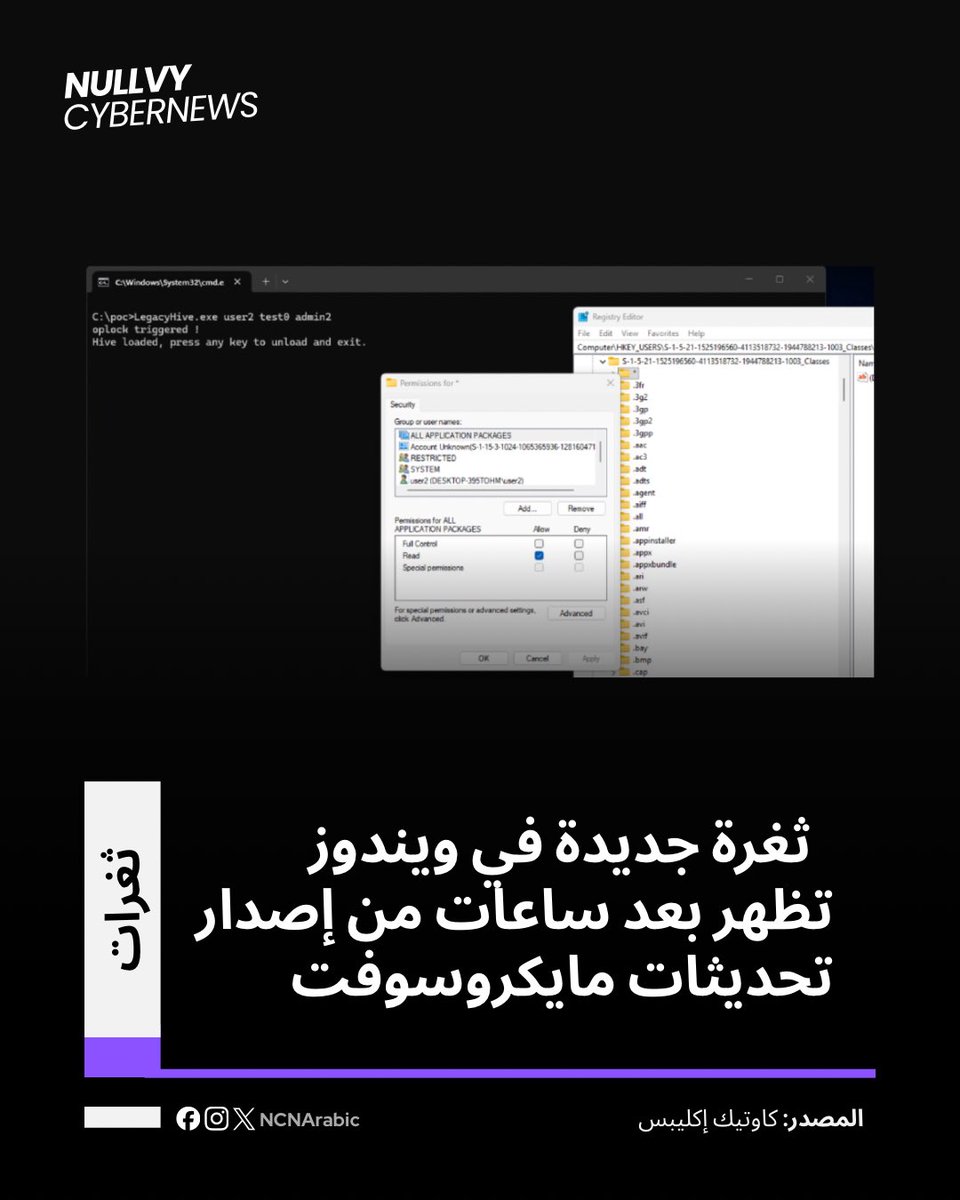 ncnarabic's tweet photo. نشر الباحث الأمني كاوتيك إكليبس نموذج استغلال (PoC) جديدًا يحمل اسم ليغاسي هايف، يستهدف خدمة ملفات تعريف المستخدم في ويندوز، ويسمح برفع الصلاحيات عبر تحميل ملفات سجل المستخدم بطريقة غير مصرح بها.

📌 للتفاصيل الكاملة:
🔗 https://t.co/hIks34vHcd

#ثغرات #مايكروسوفت https://t.co/QoKS4kVRxW