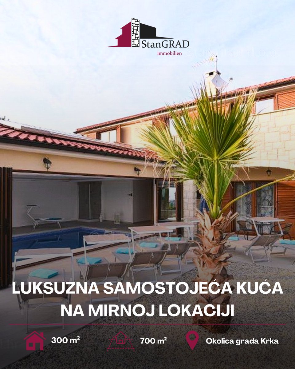 StanGradMk's tweet photo. Izdvajamo iz ponude! ✨

Prodaje se luksuzna samostojeća kuća na mirnoj lokaciji u okolici grada Krka. Proteže se na ukupnoj površini od 300m2, pripada joj okućnica površine 700m2 i predstavlja odličnu priliku za investiciju. 🏠

🌐 https://t.co/k9Rv5EPint
📩 info@stangrad.hr https://t.co/Ay5Q4FgaGG