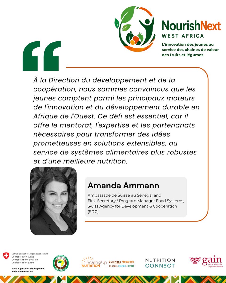 NutritionConnex's tweet photo. La semaine dernière, nous avons officiellement lancé le 𝐍𝐨𝐮𝐫𝐢𝐬𝐡𝐍𝐞𝐱𝐭 𝐖𝐞𝐬𝐭 𝐀𝐟𝐫𝐢𝐜𝐚 2026 : 𝐘𝐨𝐮𝐭𝐡 𝐀𝐠𝐫𝐢𝐟𝐨𝐨𝐝 𝐈𝐧𝐧𝐨𝐯𝐚𝐭𝐢𝐨𝐧 𝐂𝐡𝐚𝐥𝐥𝐞𝐧𝐠𝐞 en partenariat avec la @SwissDevCoop, @GAINalliance, @ecowas_cedeao, and the @SUN_Movement.

#NourishNext est un défi régional d’innovation conçu pour identifier et soutenir des solutions portées par des jeunes visant à améliorer la disponibilité, l’accessibilité et la consommation de fruits et légumes au 𝐁𝐞́𝐧𝐢𝐧, en 𝐂𝐨̂𝐭𝐞 𝐝’𝐈𝐯𝐨𝐢𝐫𝐞, au 𝐍𝐢𝐠𝐞́𝐫𝐢𝐚 et au 𝐒𝐞́𝐧𝐞́𝐠𝐚𝐥. Du mentorat et de l’accompagnement par des experts aux compétitions nationales de pitch, jusqu’à une finale régionale à Dakar, ce défi offre une plateforme aux 𝐣𝐞𝐮𝐧𝐞𝐬 𝐢𝐧𝐧𝐨𝐯𝐚𝐭𝐞𝐮𝐫𝐬 pour 𝐚𝐜𝐜𝐫𝐨𝐢̂𝐭𝐫𝐞 𝐥𝐞𝐮𝐫 𝐢𝐦𝐩𝐚𝐜𝐭 et 𝐫𝐞𝐧𝐟𝐨𝐫𝐜𝐞𝐫 𝐥𝐞𝐬 𝐬𝐲𝐬𝐭𝐞̀𝐦𝐞𝐬 𝐚𝐥𝐢𝐦𝐞𝐧𝐭𝐚𝐢𝐫𝐞𝐬.

Si vous êtes une 𝐞𝐧𝐭𝐫𝐞𝐩𝐫𝐢𝐬𝐞 𝐝𝐢𝐫𝐢𝐠𝐞́𝐞 𝐩𝐚𝐫 𝐝𝐞𝐬 𝐣𝐞𝐮𝐧𝐞𝐬 et active tout au long de la chaîne de valeur agroalimentaire, c’est votre opportunité de vous développer, de vous connecter et de conduire le changement.

Postulez dès maintenant: https://t.co/mD1LGNMk4G