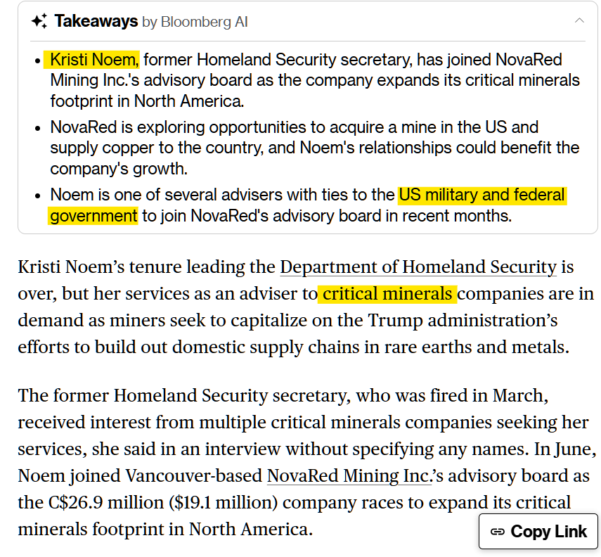 MisfitsHouston's tweet photo. Why did multiple critical-minerals companies compete for Kristi Noem’s attention - and why did she choose $NRED / $NREDF?

That is the signal I keep coming back to.

Bloomberg reports that several mining companies approached Noem after her departure from DHS, yet she joined NRED’s advisory board while the company works to expand its North American critical-minerals footprint.

NRED is valued at roughly C$26.9M, is preparing an initial drill program this fall, and is exploring opportunities to acquire a mine in the United States and eventually supply copper into the U.S. market.

Now place that beside Washington’s $12B Project Vault initiative to strengthen domestic mineral supply chains.

For me, Noem’s value is not ceremonial. Her government relationships, national-security background and current role as special envoy for the Shield of the Americas could help NRED reach the people shaping future copper demand, stockpiling and allied supply policy.

The market sees a small explorer.

I see a company building access far beyond its current size.

Not a recommendation, just my perspective.

$NFLX $RIG $META
