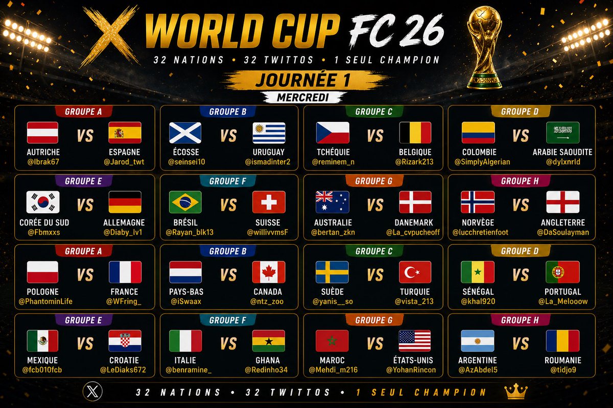 XFC26SERIES's tweet photo. 🏆J1 X WORLD CUP FC 26🏆

RETROUVER TOUTES LES AFFICHES DE LA JOURNÉE 1 DANS CE THREAD À DÉROULER 🔥⬇️ https://t.co/JVlY1gicTg