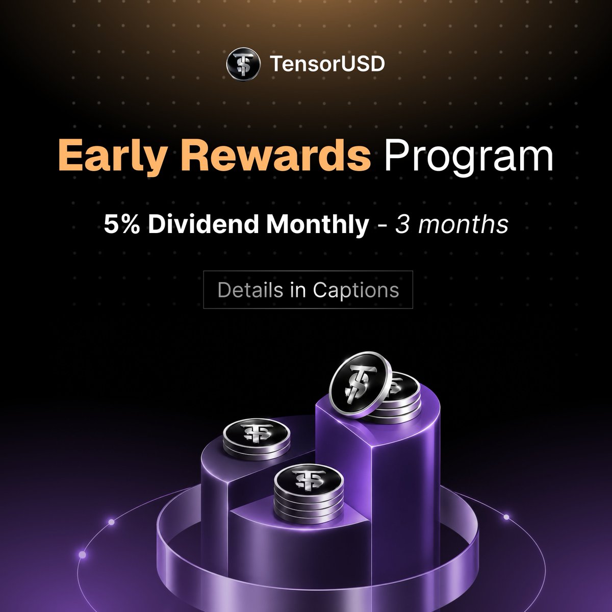 TensorUSD's tweet photo. We're rewarding our earliest believers💰

The Early Rewards Program: we're selecting 10 qualifying wallets from our community for a dividend, 5% per month for 3 months.

Qualifying is simple:
→ Open a vault and mint TUSDT (1 TAO cap per wallet, phase 1 rules)
 → DM us your wallet address
 → You're on the list

Some spots are already claimed. The rest go to whoever shows up first.