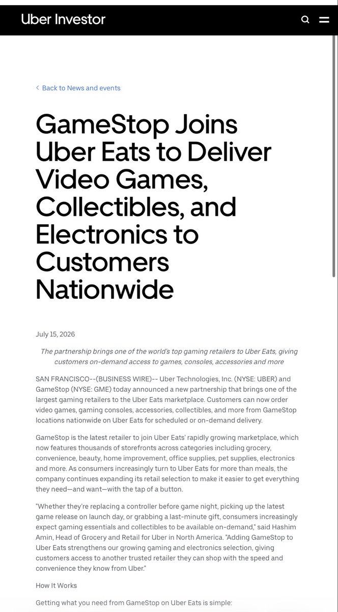 GregIsKitty's tweet photo. BREAKING NEWS: 

$GME GameStop launches partnership with UBER! 

The Ryan Cohen GameStop transformation is accelerating! https://t.co/yCpq8GO31F