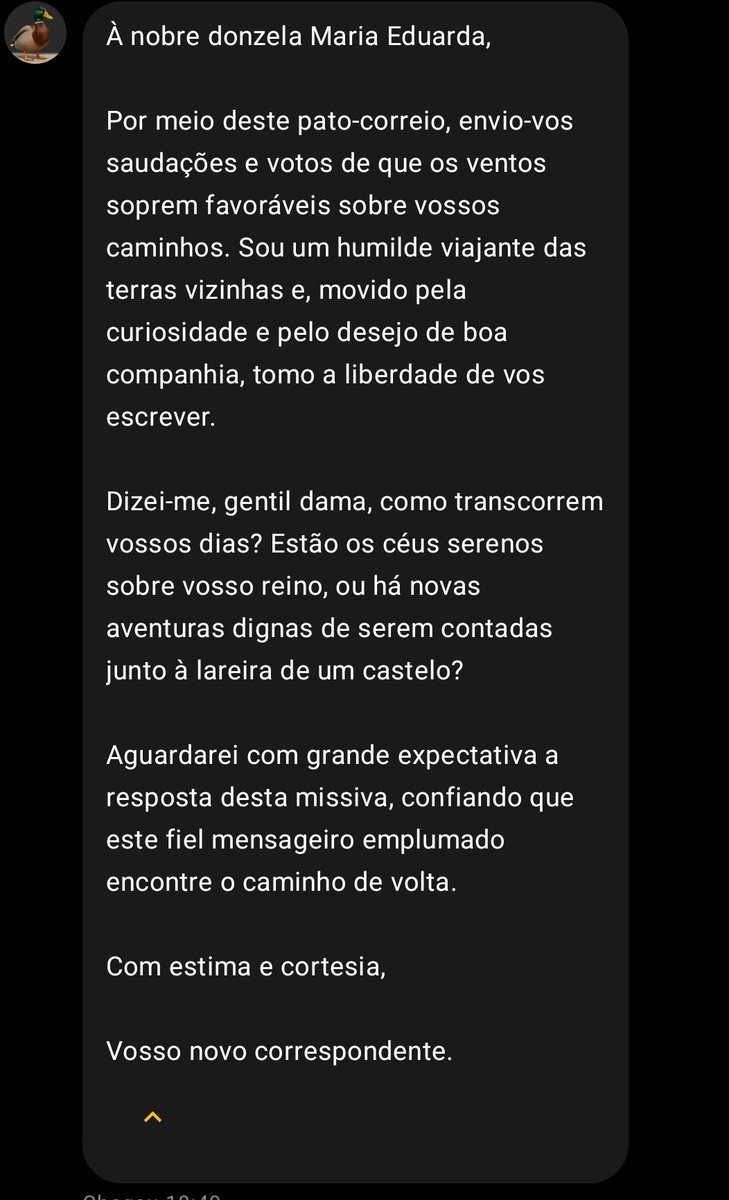 CathMegeraPitch's tweet photo. Eu amo esse app
Meu primo e eu ainda trocamos cartas como se estivéssemos no período regencial e a cada dia deixamos as cartas mais longas e com mais espaçamento de tempo entre as entregas https://t.co/C35DTxkDFv