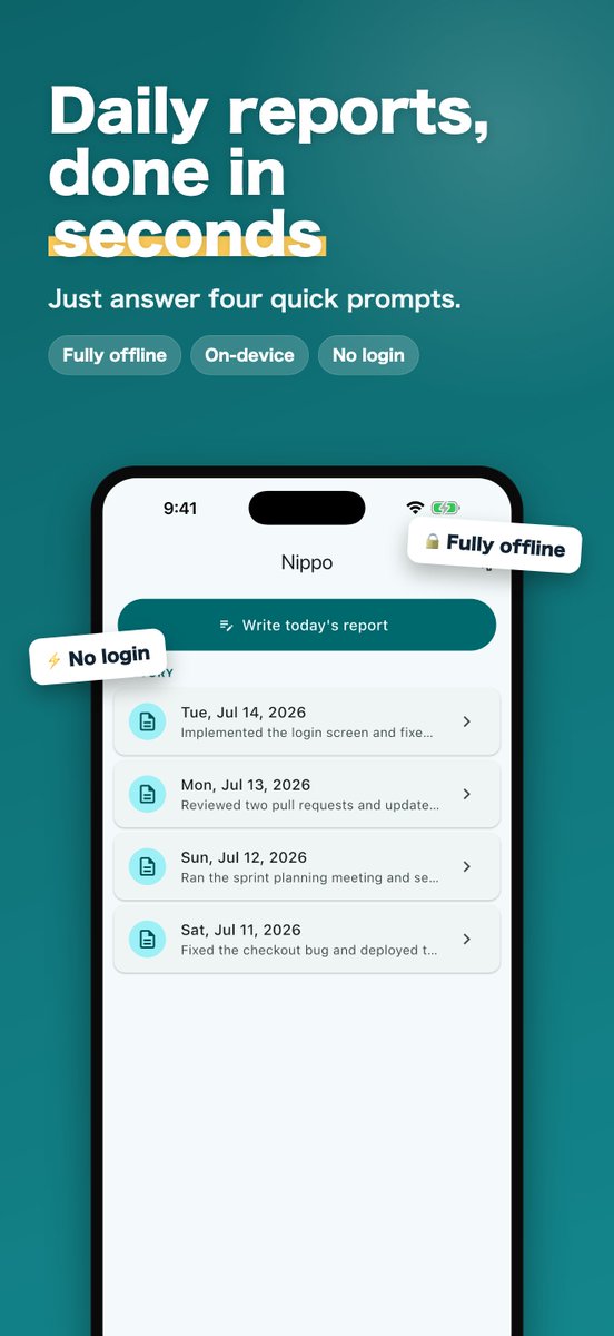 YukiTech777's tweet photo. Updated my daily report app "Nippo"! 📝

Refreshed the store screenshots and slipped in some small improvements. Just jot down your work, results, issues, and tomorrow's plan — Nippo builds a clean daily report you can copy anywhere. Fully offline, no login.

If you give it a try, I'd love to hear what you think in a review 🙏

#IndieDev #iOSDev #MobileApp #BuildInPublic #AICoding #DailyReport #WorkLog #Productivity
