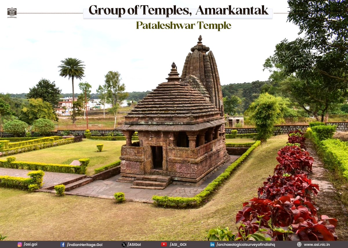 ASIGoI's tweet photo. Dating back to the 11th century CE, the Group of Temples at Amarkantak in Anuppur district of Madhya Pradesh stand as enduring masterpieces of Kalachuri architecture. From the elegant Karan Temple to the intricately carved Pataleshwar Temple, and the serene Shiva Temple, these temples reflect a rich legacy of devotion, craftsmanship, and artistic excellence.

Here's a closer look at three remarkable temples:

a) Karan Temple

Karan Temple consists of a sanctum, an antarala, and a mandapa. Built on a high raised platform, it features a shikhara over the sanctum and pyramidal roofs over the antarala and mandapa. The outer walls are decorated with three ornamental bands and three tiers of small sanctums. 

b) Pataleshwar Temple

Pataleshwar Temple is built on a pancharatha plan and is known for its beautifully carved outer walls, reflecting the excellence of Kalachuri art. It has a curvilinear shikhara, a simple doorframe, and a pillared hall topped with a pyramidal roof, amalaka, and ghata.

c) Shiva Temple

The Shiva Temple, also known as the Machhendranath Temple, is dedicated to Lord Shiva. It faces west and comprises a garbhagriha, an antarala, and a mandapa. The sanctum follows a pancharatha plan and is crowned with a conical (shankvakara) shikhara in the Nagara style. The mandapa originally had a Phamsana-style roof, though its upper portion is now damaged. Above the entrance to the garbhagriha, the lintel is adorned with a finely carved image of dancing Ganesha.