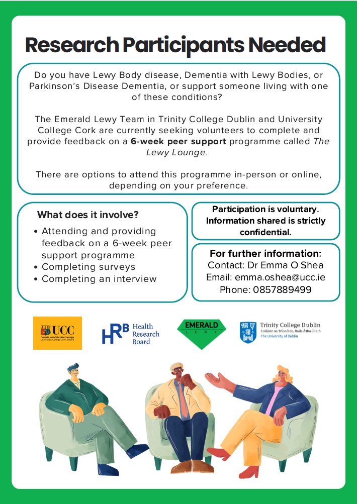 drnire's tweet photo. Do you have Lewy Body dementia, Parkinson's Disease dementia, or support someone living with one of these conditions? 

The EMERALD-Lewy project (@tcddublin &amp; @UCC) are recruiting participants for a peer support group for LBD, The Lewy Lounge!

See below for details⬇️ https://t.co/yV9DyEzD8z
