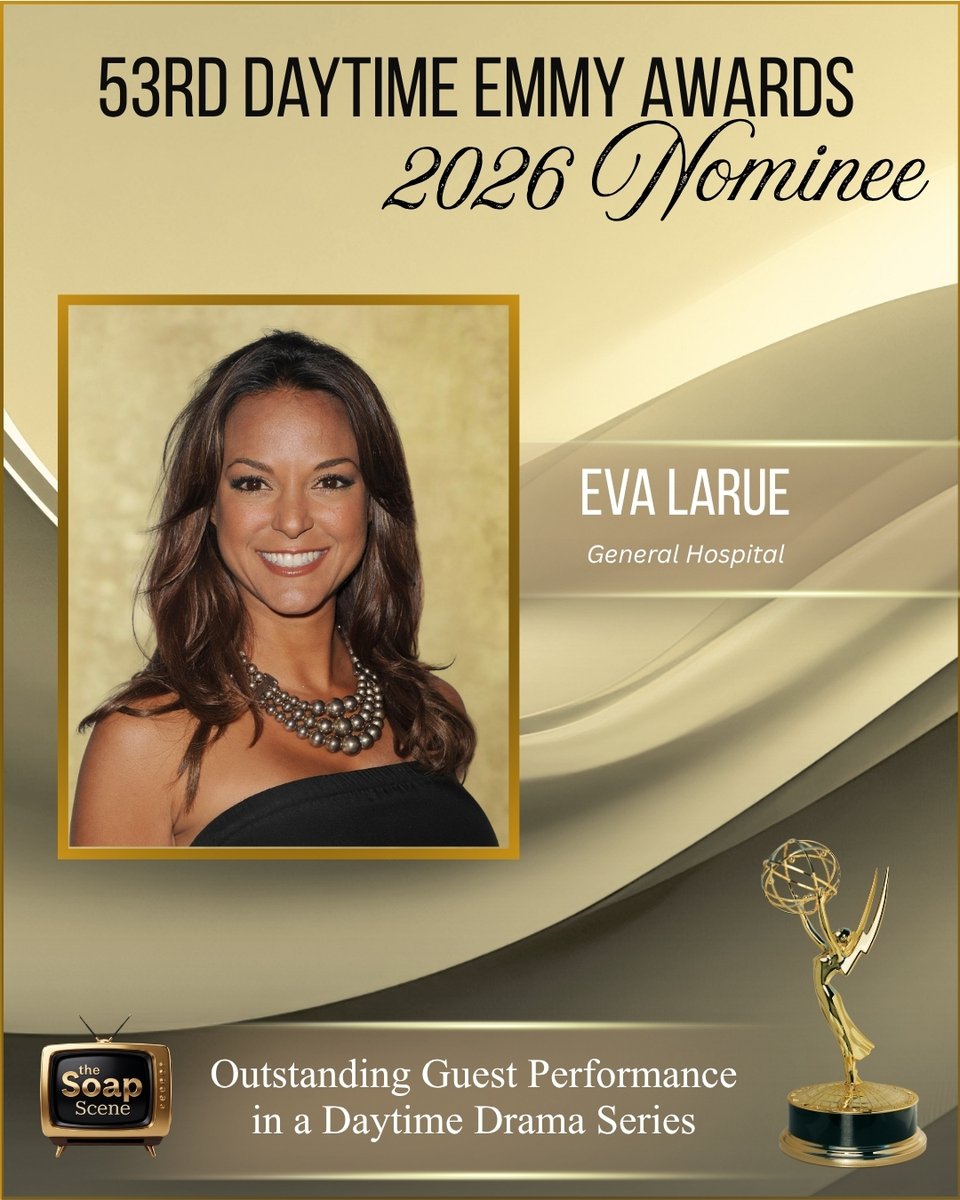 thesoapscene's tweet photo. Congratulations to Eva LaRue, who earned a 2026 Daytime Emmy Award nomination for Outstanding Guest Performance in a Daytime Drama Series for her role as Natalia Rogers-Ramirez on General Hospital! 🏆👏

#DaytimeEmmys #GeneralHospital #GH #EvaLaRue @evalarue https://t.co/vk1AnaXQxa