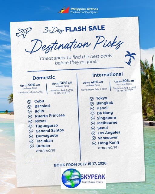 sky_peak's tweet photo. 🔖 Save this for the 3-Day Flash Sale!😉✈️
Book from July 15–17 & lock in your next adventure before the best deals are gone: @flyPAL #CareThatComesFromTheHeart #FlyPAL @PALMabuhayMiles #Skypeak https://t.co/JONIgLicX2📍🗺️ https://t.co/OZq0e4aCpM