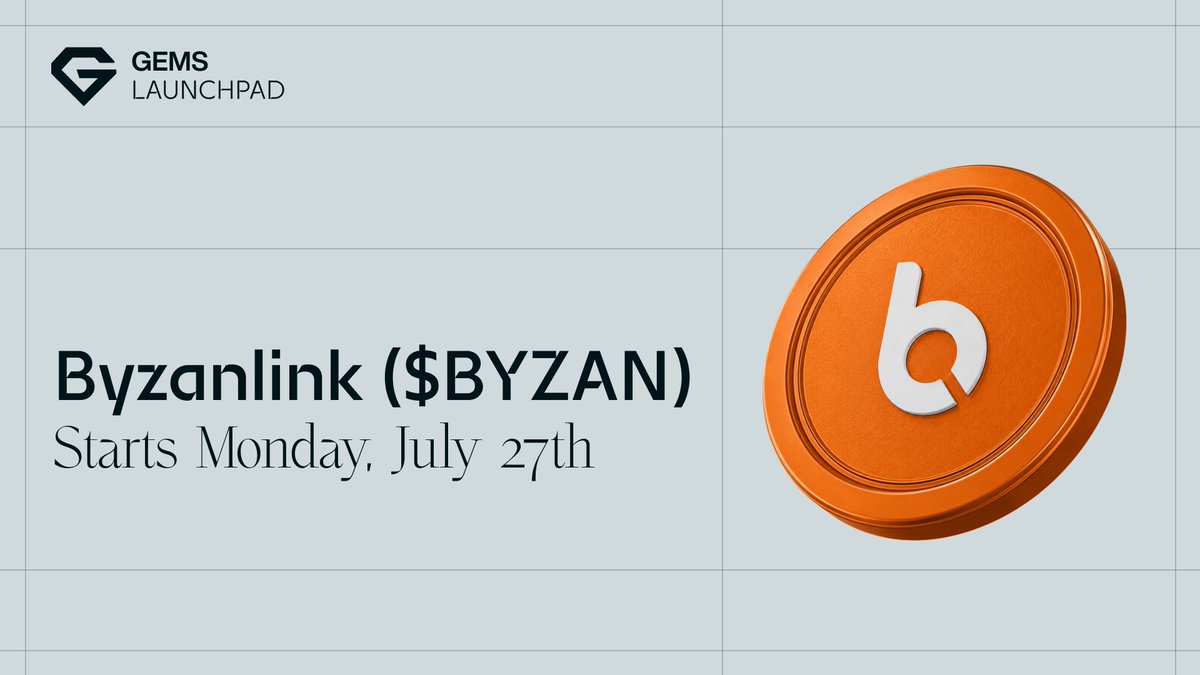 Gems_Launchpad's tweet photo. RWA is moving from narrative to infrastructure.

That’s why @byzanlink ($BYZAN) is coming to @Gems_Launchpad.

The private sale opens Monday, July 27th, 2026.

What makes @byzanlink unique?

On-chain access to institutional assets.

Byzanlink is a multi-asset tokenization platform powering on-chain infrastructure that makes real-world yield strategies and structured financial products accessible, programmable, and always on.

Backed by Outlier Ventures (@oviohq) and NTDP Saudi (@ntdpsa).

Learn more: https://t.co/hwIJSgxQdq

Private sale link and steps coming soon.
