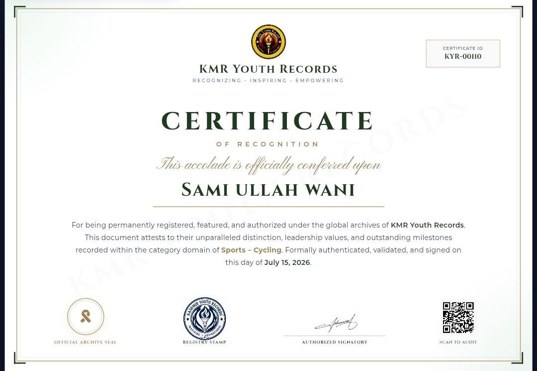 KmrYouthRecords's tweet photo. Congratulations, Sami Ullah Wani! 

Kashmir Youth Records proudly recognizes Sami Ullah Wani as a Kashmir Youth Records Holder for his outstanding achievements in cycling.

An SGFI National Bronze Medalist, 4-time State Medalist, and National-Level Cycling Representative, Sami's dedication and determination at a young age are truly inspiring.

Wishing you continued success and many more milestones ahead. Keep riding towards greatness! 

مبارک ہو، سمیع اللہ وانی! 

کشمیر یوتھ ریکارڈز، سمیع اللہ وانی کو سائیکلنگ کے میدان میں شاندار کامیابیوں پر کشمیر یوتھ ریکارڈز ہولڈر کے اعزاز سے نوازتے ہوئے دلی مبارکباد پیش کرتا ہے۔

ایس جی ایف آئی نیشنل کانسی تمغہ یافتہ، چار مرتبہ ریاستی میڈلسٹ اور قومی سطح کے سائیکلسٹ کے طور پر آپ کی محنت، لگن اور عزم قابلِ تحسین ہے۔

اللہ تعالیٰ آپ کو مزید کامیابیاں عطا فرمائے۔ اسی جذبے کے ساتھ آگے بڑھتے رہیں۔ 

مبارک ہو، سمیع اللہ وانی!

#KashmirYouthRecords #KMRYouthRecords #SamiUllahWani #Cycling #YoungChampion #Budgam #PrideOfKashmir