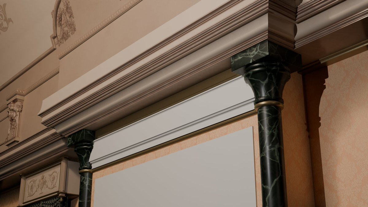 Kapiteijn_'s tweet photo. Gordijnen afgewerkt met de touwen, klosjes en gordijnhouders. Vormen van de wandpanelen met gebruik van Geometry Nodes procedureel vorm gegeven voor eventueel latere aanpassingen. De kamer krijgt haar vormen! 
#efteling #unrealengine #blender #villavolta #3D #geonodes https://t.co/Ad0HfxH99e