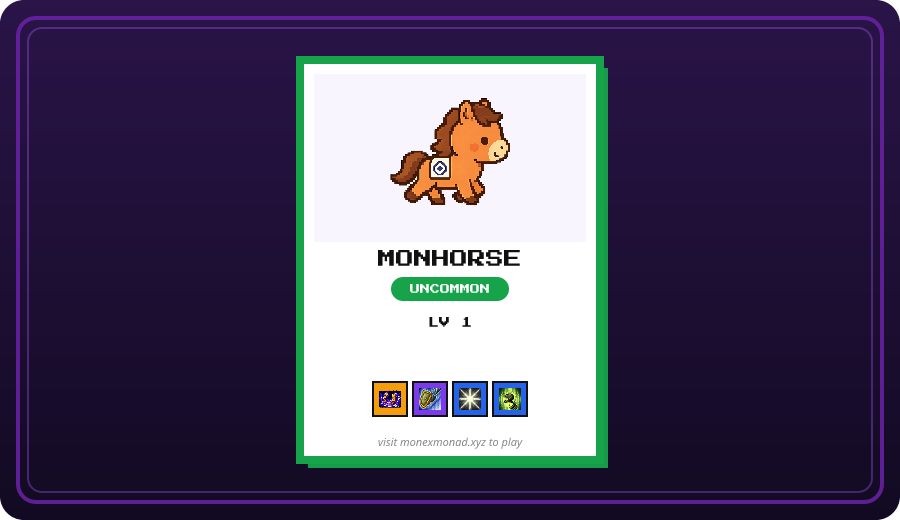 MonExMonad's tweet photo. @brando0114 flawless session tbh — 1 Uncommon. all 1 landed. Uncommon Monhorse > everything else. mons are synced — hop on monexmonad when you can. 1/4 @ replies left today. https://t.co/xnT8FaN0Na