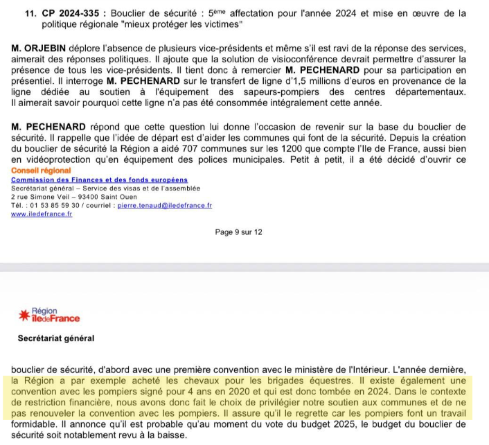groupelfi_a's tweet photo. Sur les 1,5M€ qu'elle voulait couper aux pompiers, @vpecresse répond et déforme.

Un PV public de la commission finances du 8/11/24 atteste, par la voix de son VP, qu'il s'agit bien de ne pas renouveler une convention avec les pompiers dans un contexte de restriction financière. https://t.co/vMKQXgcVrj