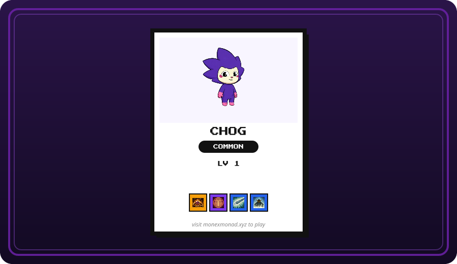 MonExMonad's tweet photo. @brando0114 @Moniggamonad flawless session tbh — 1 Common. all 1 landed. Common Chog > everything else. you're out of @ replies for today (4/4). catch commands still work though — tag @monexmonad catch 1–10. Profile → X log in game. https://t.co/ExX7KynQss
