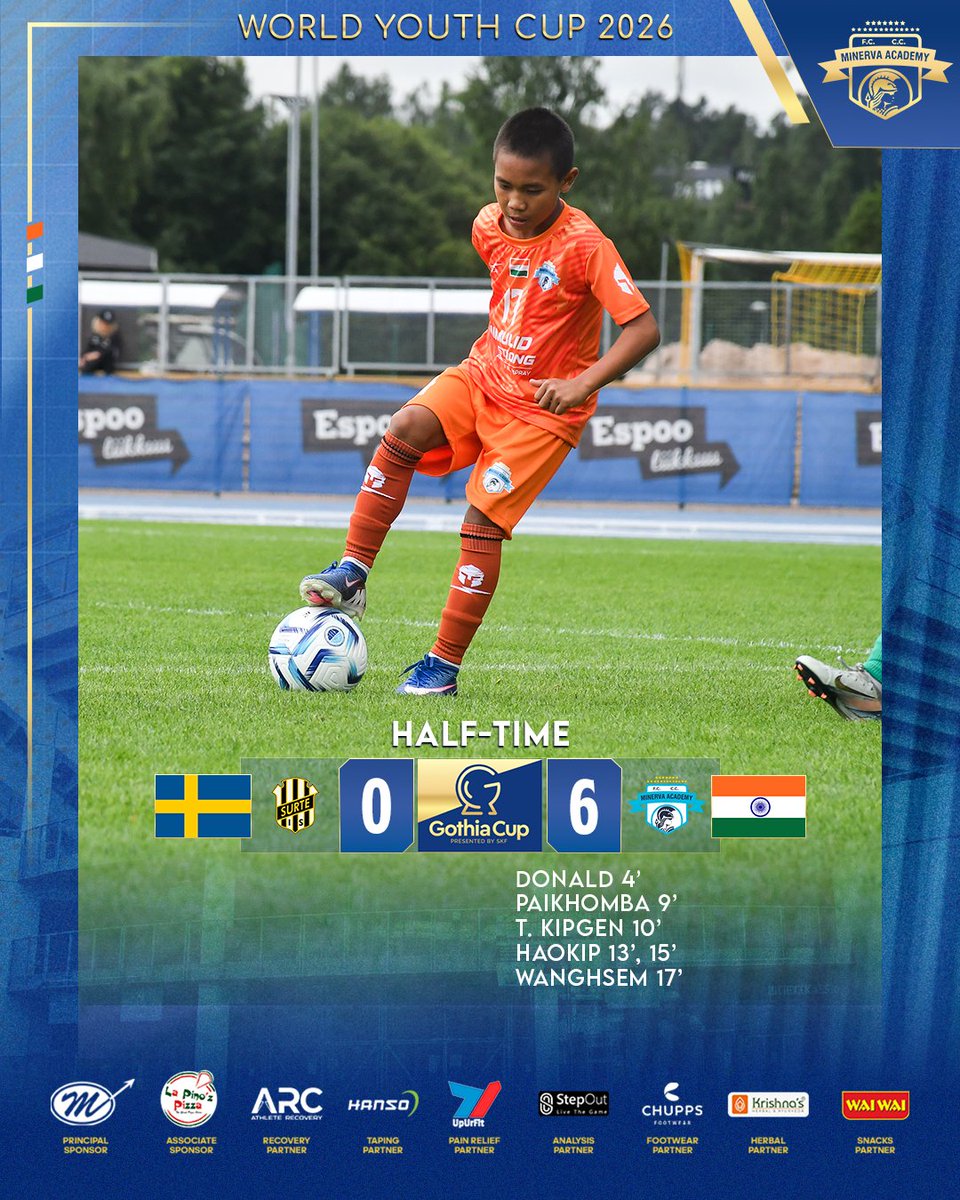 minervapunjabfc's tweet photo. HALF TIME.🕠

🇮🇳 Minerva Academy FC 6️⃣ 🆚 0️⃣ Surte IS FK 🇸🇪

A dominant first half display from our young warriors as they take complete control of the contest.

Clinical finishing, relentless intensity, and outstanding teamwork have set the tone so far.

#MAFC #TheFactory #WorldYouthCup2026 #IndianFootball #Warriors