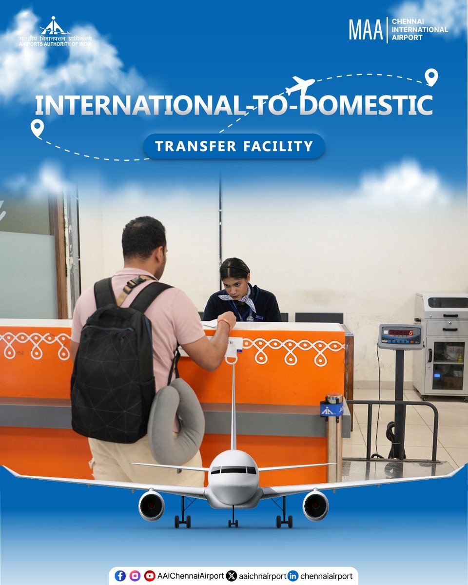 aaichnairport's tweet photo. International passengers connecting to domestic destinations via #ChennaiAirport can avail the International to Domestic (I to D) Transfer Facility, located in the Arrival area of Terminal 2 (city side), for a convenient onward transfer. 

The facility supports a hassle free transition, including baggage transfer, before passengers continue their domestic journey.

@MoCA_GoI l @AAI_Official