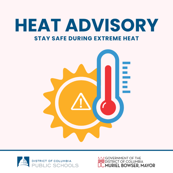 dcpublicschools's tweet photo. Due to anticipated weather conditions, all outdoor activities for summer learning, partner programs, and athletics taking place at DCPS facilities are cancelled on Wednesday, July 15 and Thursday, July 16. https://t.co/gL2lU9dN89