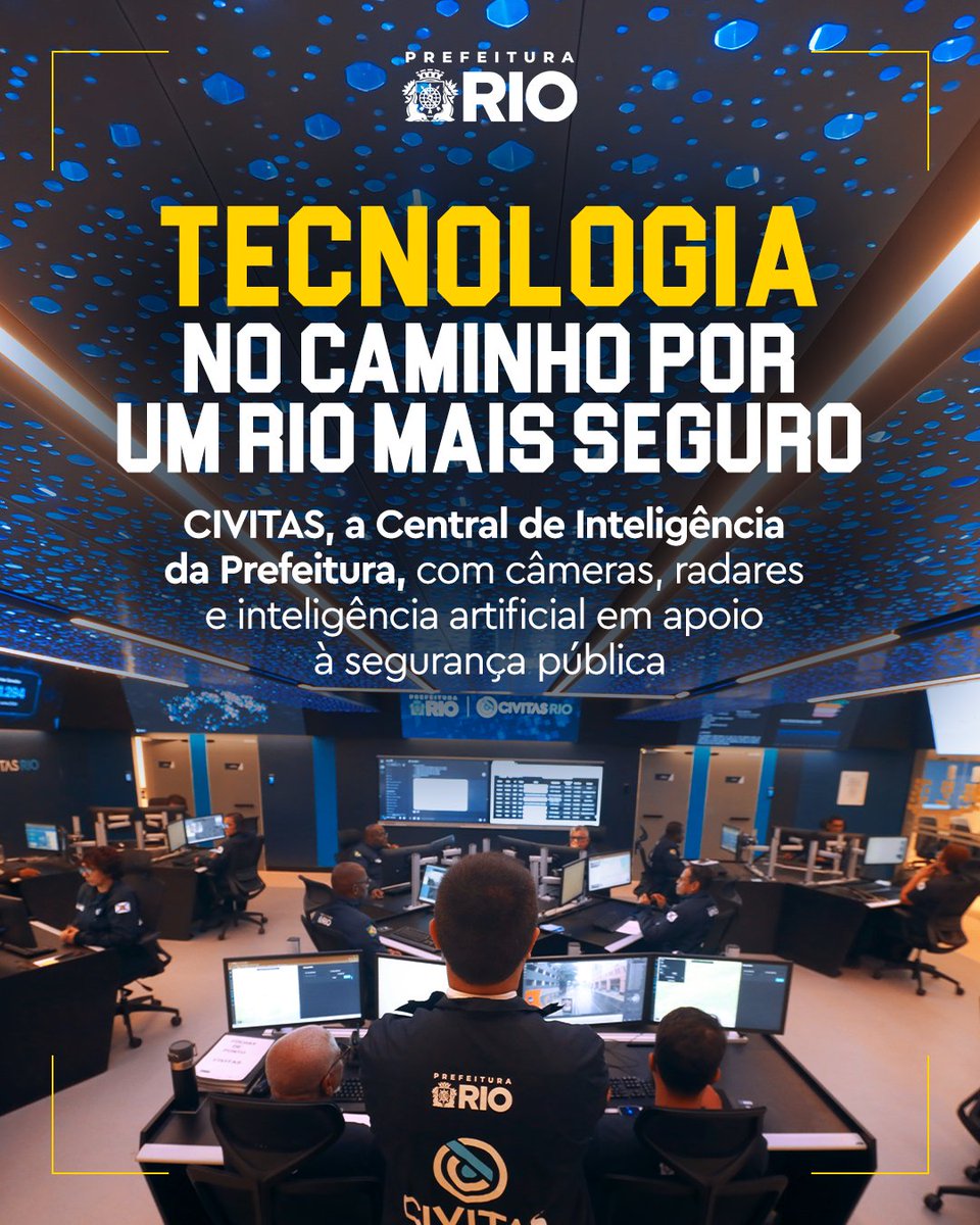 Prefeitura_Rio's tweet photo. Mais segurança em uma cidade mais digital!

A CIVITAS, a Central de Inteligência da Prefeitura, fica em uma sala exclusiva no Centro de Operações e Resiliência do Rio. Com supercâmeras inteligentes e radares, a CIVITAS monitora tudo o que acontece na cidade, formando um Cerco Eletrônico.

Quando as forças de segurança precisam, as imagens e dados coletados pela central são usados pra ajudar no avanço de investigações, além de criar padrões que podem impedir outros crimes parecidos.

Os dados da CIVITAS também são usados no planejamento das operações da Divisão de Elite da Guarda Municipal, que atua em áreas com alto índice de crimes de rua. A Prefeitura segue investindo em soluções tecnológicas por um Rio melhor!
