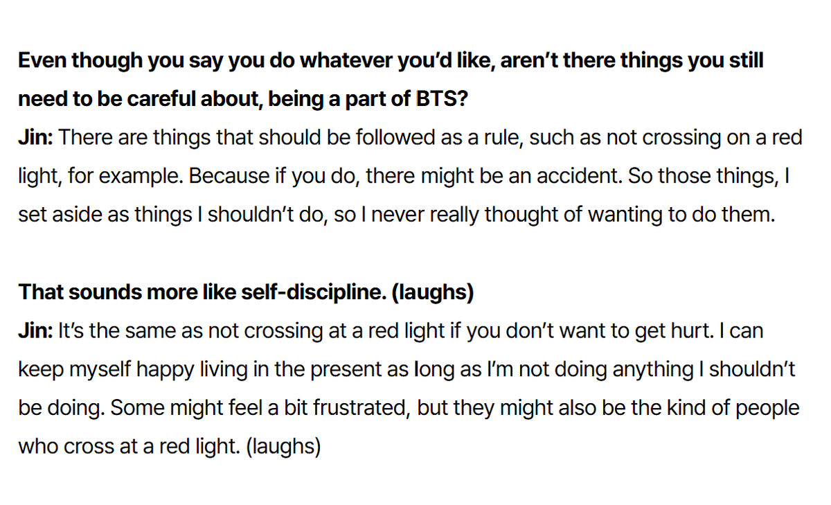 supatunajin's tweet photo. "jin is the kind of person who wouldn’t cross the street on a “don’t walk” signal, even when no one’s around to catch him" these weverse mag articles descriptions of him https://t.co/xcRdLZdh4R