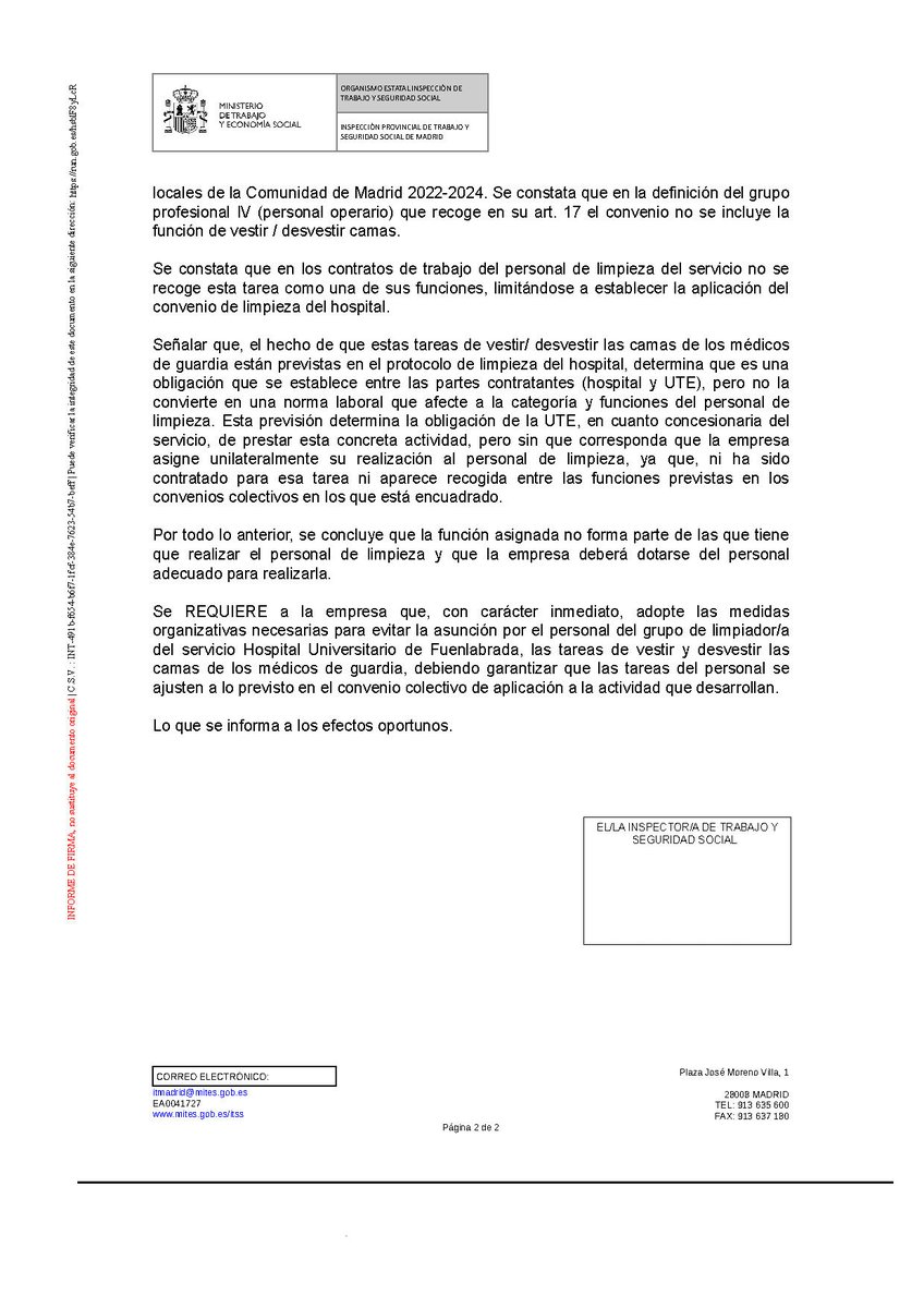silmuma's tweet photo. Resolución Denuncia Inspección de trabajo Servicio de Limpieza Hospital Fuenlabrada. La empresa asignaba la tarea de vestir y desvertir camas de los médicos de Guardia, se denunció a inspección de trabajo ya que esa no es una tarea del personal de limpieza https://t.co/KOCeUuyR7Q https://t.co/TQqJtEYjqA