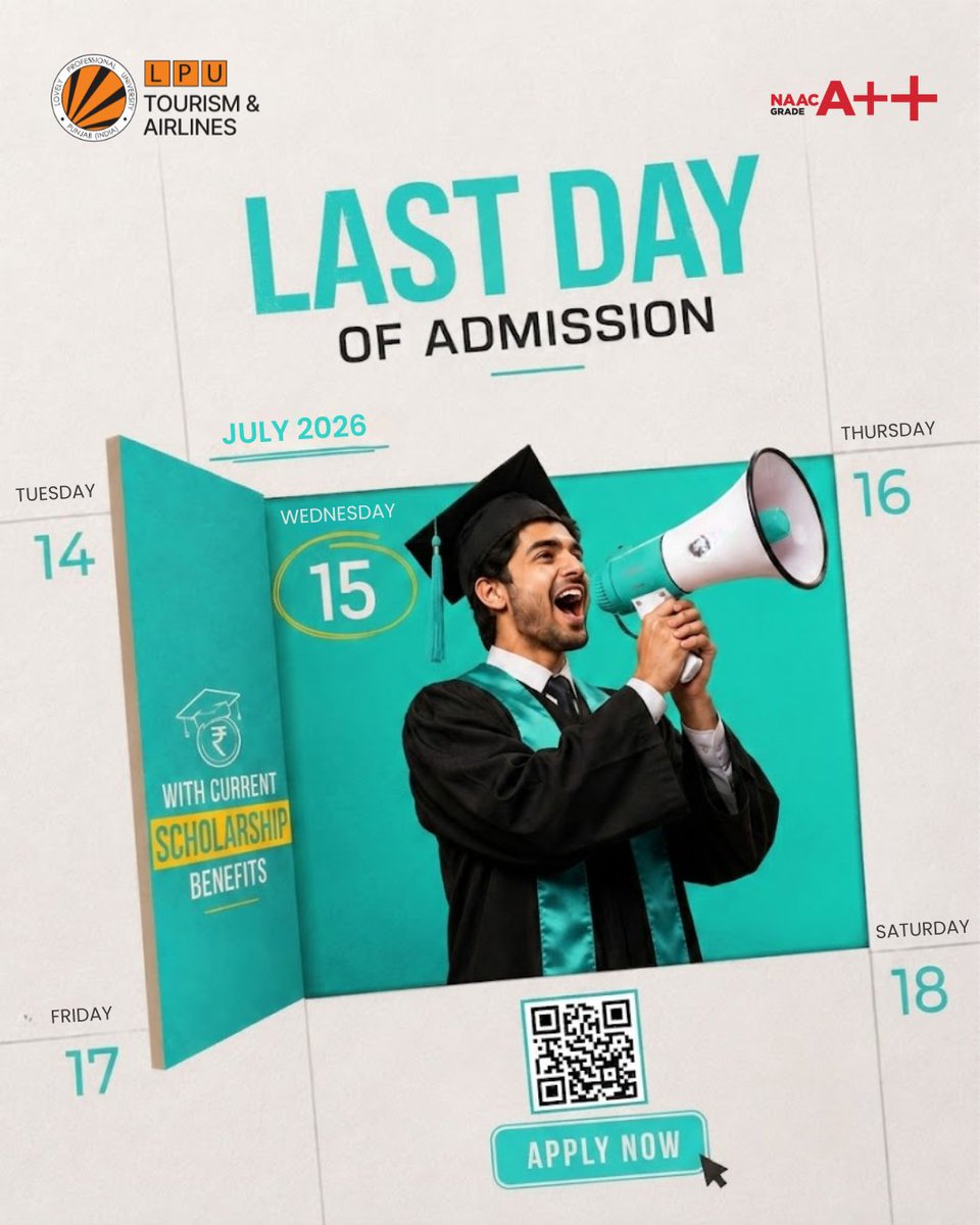 LPUTourism's tweet photo. Final call: Admissions close today.
For students exploring careers after 12th or graduation, here's a pathway built around global mobility and industry-ready skills:
🎓 MBA in Tourism Aviation & Hospitality
 🎓 BBA in Airlines & Airport Management
 🎓 BSc in Airlines, Tourism & Hospitality
 🎓 BBA in Tourism Hospitality & Event Management
These programs are designed around industry internships, international placement opportunities, and a campus recognized with a NAAC A++ grade.
If you're considering a career in aviation, tourism, hospitality, or event management — today is the last day to secure your seat.
🔴 Scholarship benefits currently active. Limited seats remaining.
 👉 Apply now.
hashtag#Aviation hashtag#Tourism hashtag#HigherEducation hashtag#CareerDevelopment hashtag#LPU