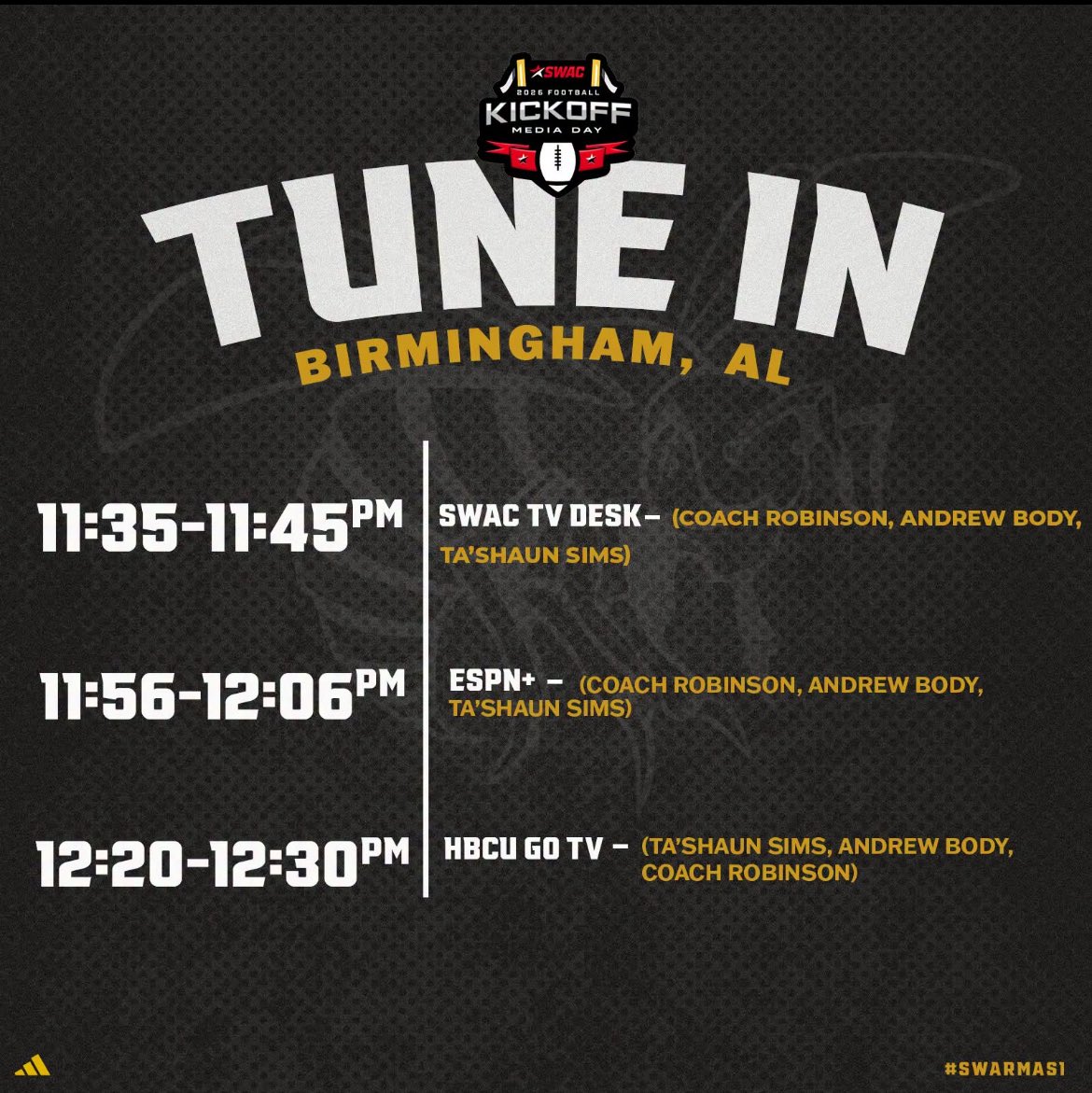 BamaStateSports's tweet photo. Birmingham, we're here. 📍
It's officially SWAC Football Media Day. Stay tuned throughout the day for exclusive behind-the-scenes content, interviews, and all things Hornet Football. 🐝🏈

#SWARMAS1 #LeaveNoDoubt #SWACMD26 https://t.co/OIEZDS16LU
